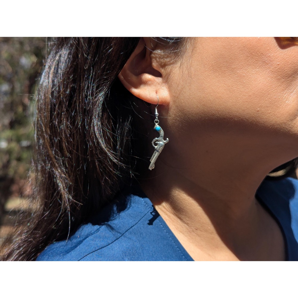 Handmade Navajo Sterling Silver Gun w/ Turquoise Dangle Earrings Western Style** - Picture 3 of 11